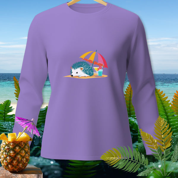 Long sleeve purple t-shirt with hedgehog under umbrella graphic.
