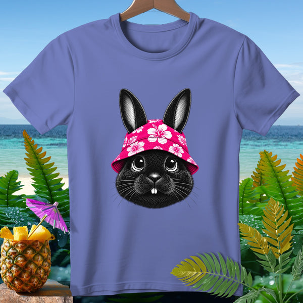 T-shirt with a black bunny wearing a pink hibiscus bucket hat.