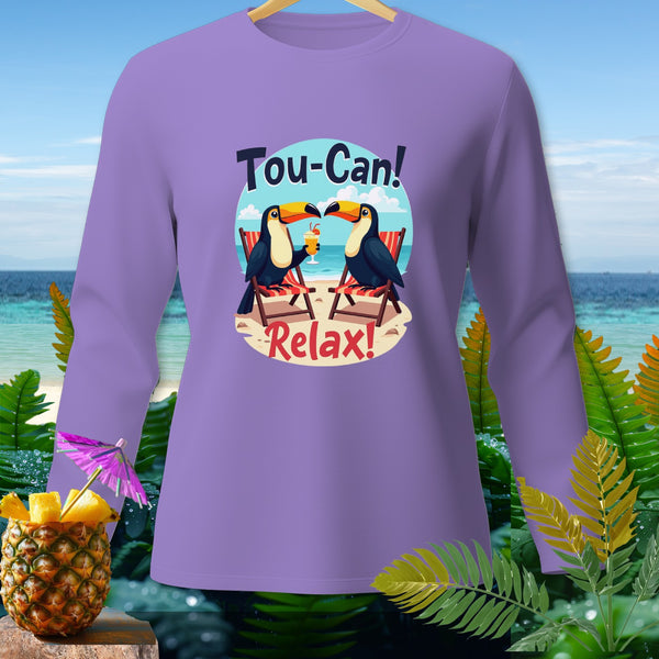 Purple long-sleeve shirt with cartoon toucans on a beach, saying "Tou-Can! Relax!".