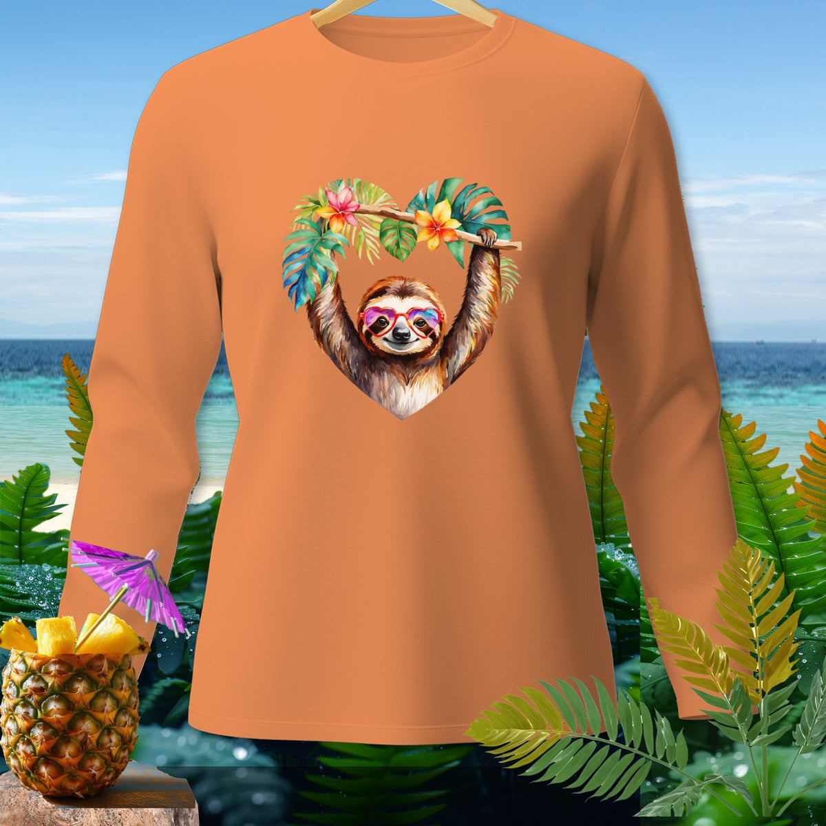 Orange long-sleeve shirt with a watercolor sloth wearing heart sunglasses within a floral heart.
