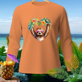 Orange long-sleeve shirt with a watercolor sloth wearing heart sunglasses within a floral heart.