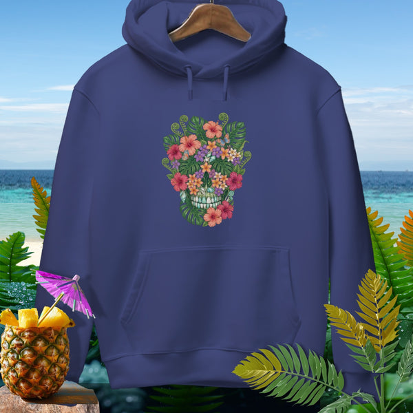 Navy hoodie with a floral skull graphic, tropical foliage, and pineapple garnish.