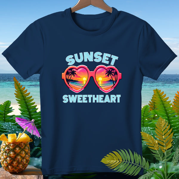 Navy t-shirt with "Sunset Sweetheart" text and heart-shaped sunglasses graphic.