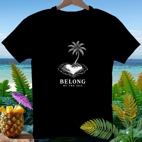 Black t-shirt with a heart-shaped island and palm tree graphic.