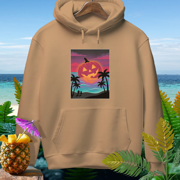 Tan hoodie with a Halloween jack-o'-lantern sunset graphic on the chest.