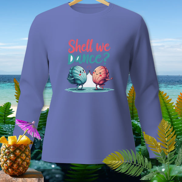 Purple long sleeve shirt with dancing shells graphic and "Shell we Dance?" text.