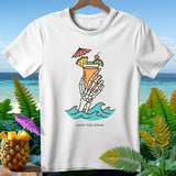 White t-shirt with skeleton hand holding a cocktail in waves, text reads 