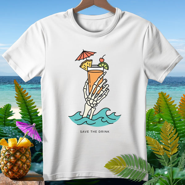 White t-shirt with skeleton hand holding a cocktail in waves, text reads "SAVE THE DRINK".