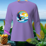 Purple long-sleeve shirt with a toucan flying over a wave, sun, and rainbow graphic.