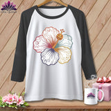 Baseball t-shirt with ghost hibiscus and jack-o'-lantern design.