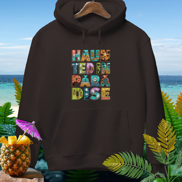 Brown hoodie with "Haunted in Paradise" text featuring Halloween and tropical designs.