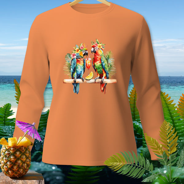 Orange long-sleeve shirt with two colorful parrots and tropical drinks graphic.