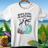 White t-shirt with ghost, crab, waves, and 