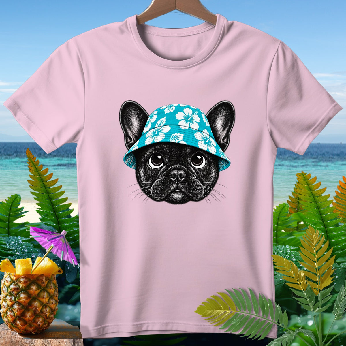 Pink t-shirt with a black French bulldog wearing a floral bucket hat.