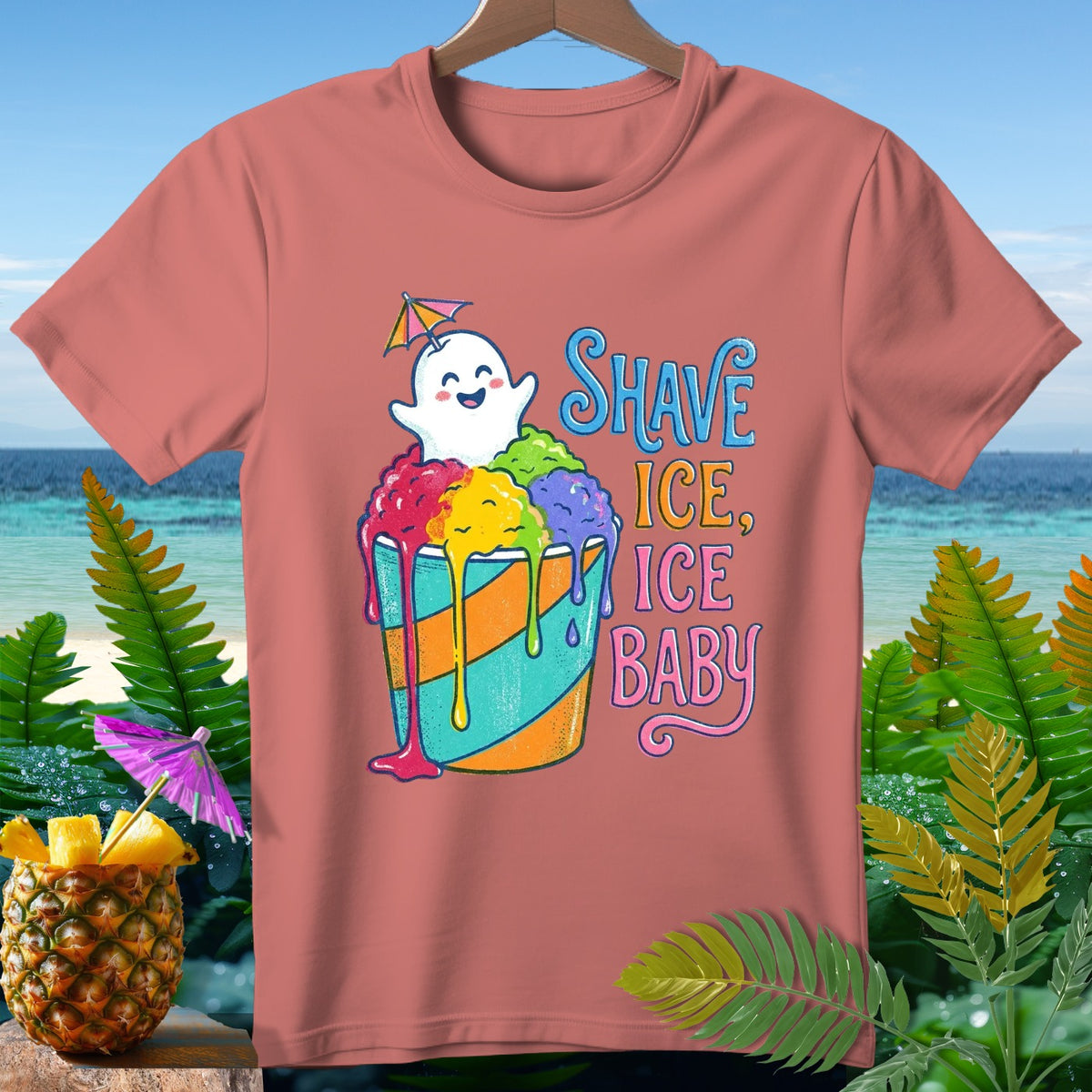 Ghost on shave ice with text "Shave Ice, Ice Baby" on salmon t-shirt.