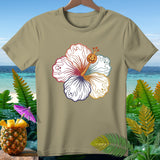 Tan t-shirt with hibiscus design featuring ghosts and a jack-o'-lantern.