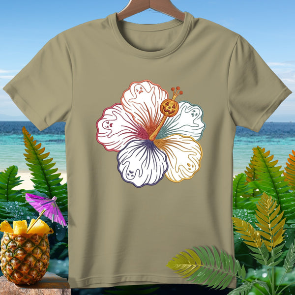 Tan t-shirt with hibiscus design featuring ghosts and a jack-o'-lantern.