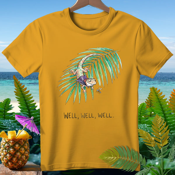 Yellow t-shirt with a gecko on a palm frond, text "WELL, WELL, WELL."