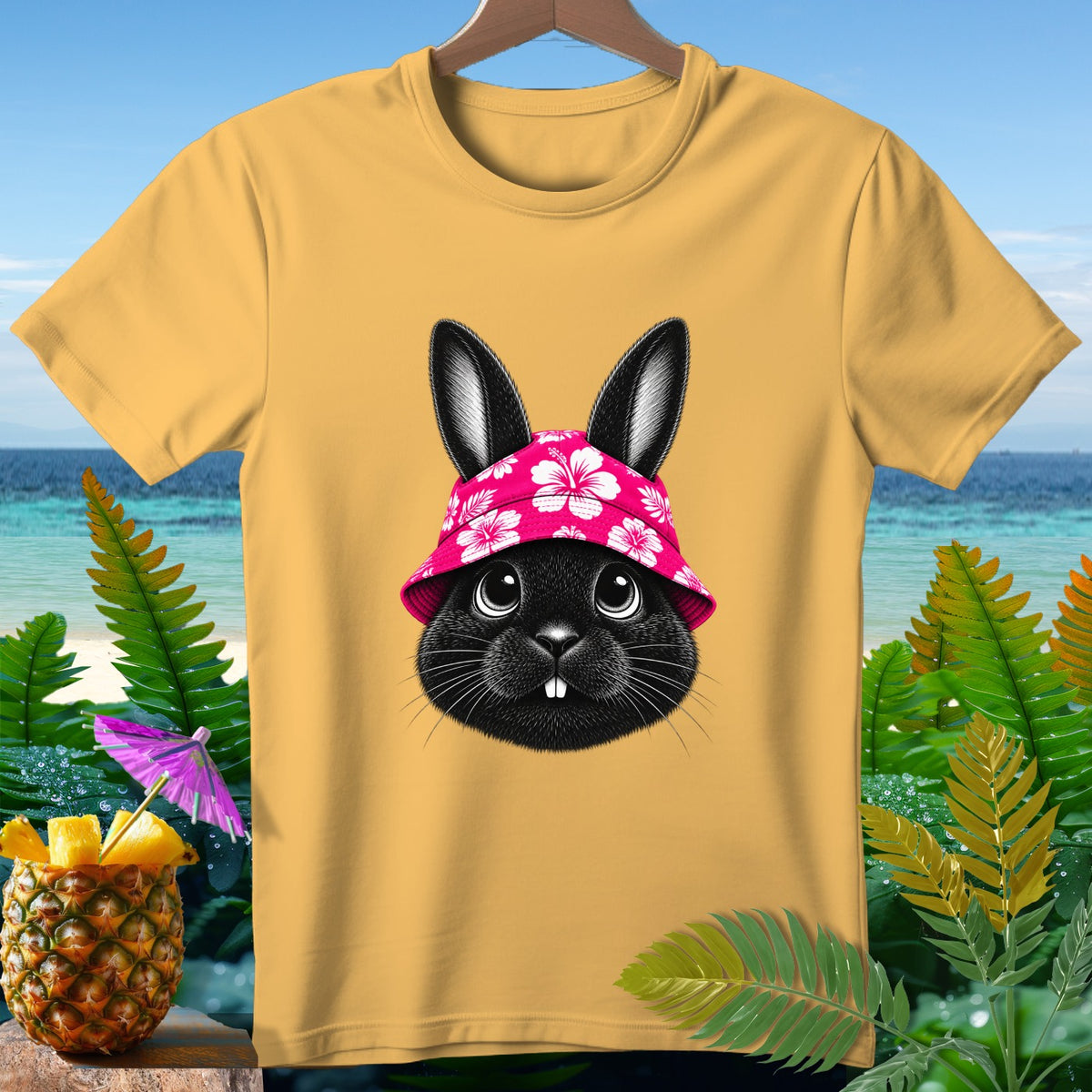 Yellow t-shirt with a black bunny wearing a pink floral bucket hat.