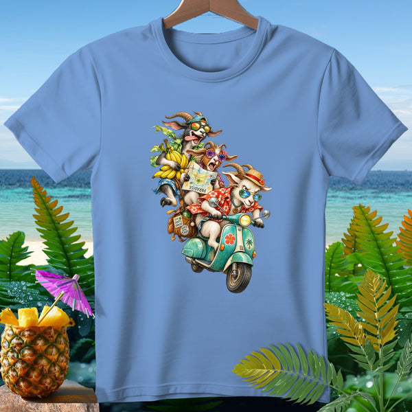 Goats wearing sunglasses ride a scooter on a tropical background with pineapple.