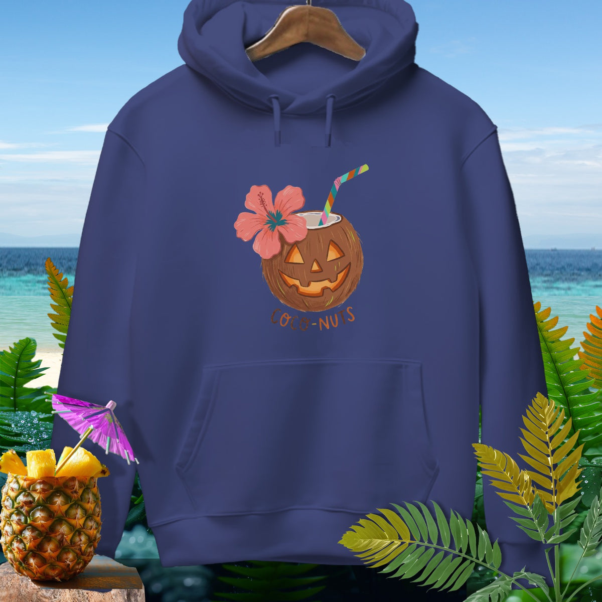 Navy blue hoodie with a smiling coconut cocktail and text "COCO-NUTS".