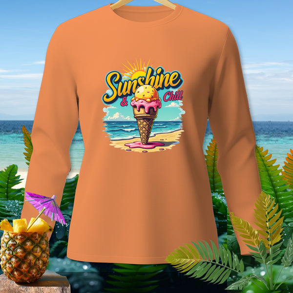 Orange long-sleeve shirt with "Sunshine & Chill" ice cream graphic on beach background.