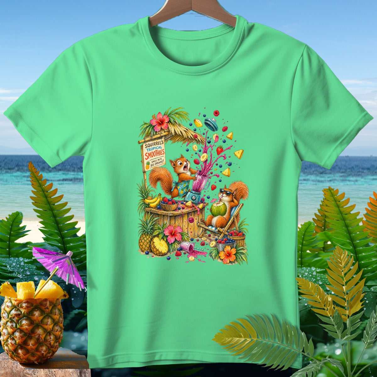 Squirrels making tropical smoothies at a beach stand, one blending, one relaxing.