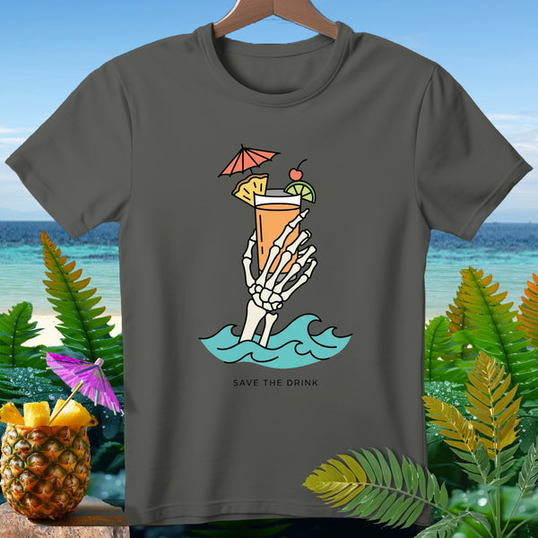 Dark grey t-shirt with a skeleton hand holding a drink with text "SAVE THE DRINK".