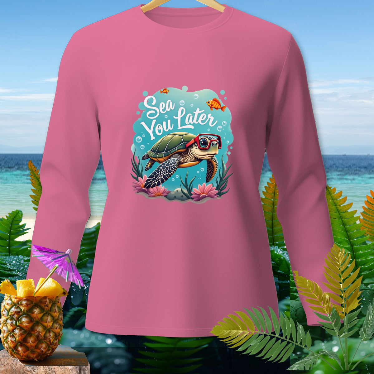 Pink long-sleeve shirt with cartoon turtle and text "Sea You Later".