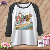 Three ghosts with surfboards on the beach, one holding 