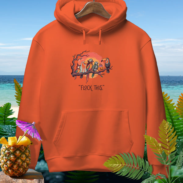 Orange hoodie with Halloween-themed birds and "Flock This." text.