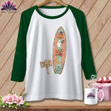 Green sleeve raglan shirt with surfboard design, 