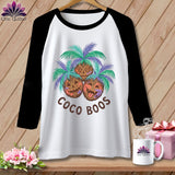 Raglan t-shirt with cartoon coconuts under palm fronds and text 