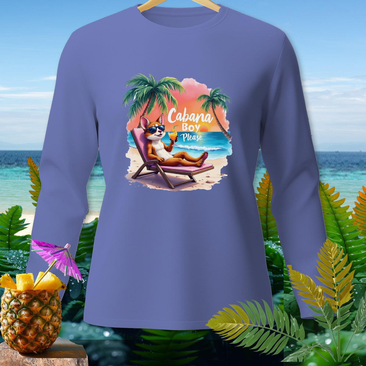 Long-sleeve shirt with illustration of dog on beach chair saying "Cabana Boy Please".