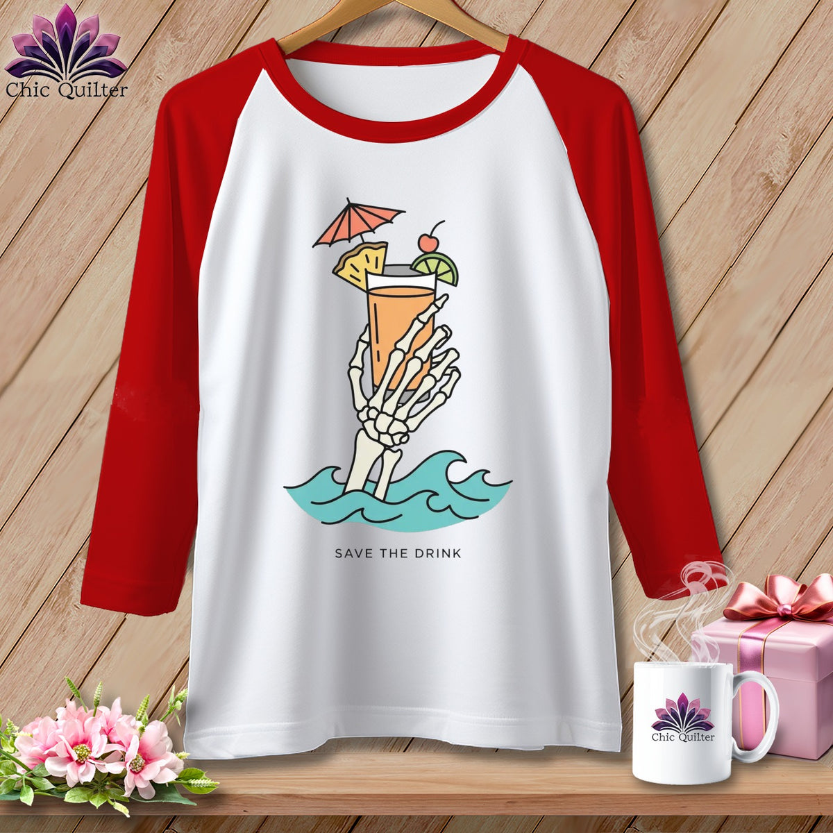 White baseball tee with skeleton hand holding cocktail and text "SAVE THE DRINK".