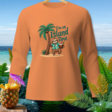 Sloth on island time with palm tree and tropical drink on orange shirt.