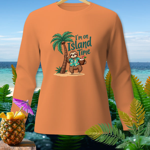 Sloth on island time with palm tree and tropical drink on orange shirt.