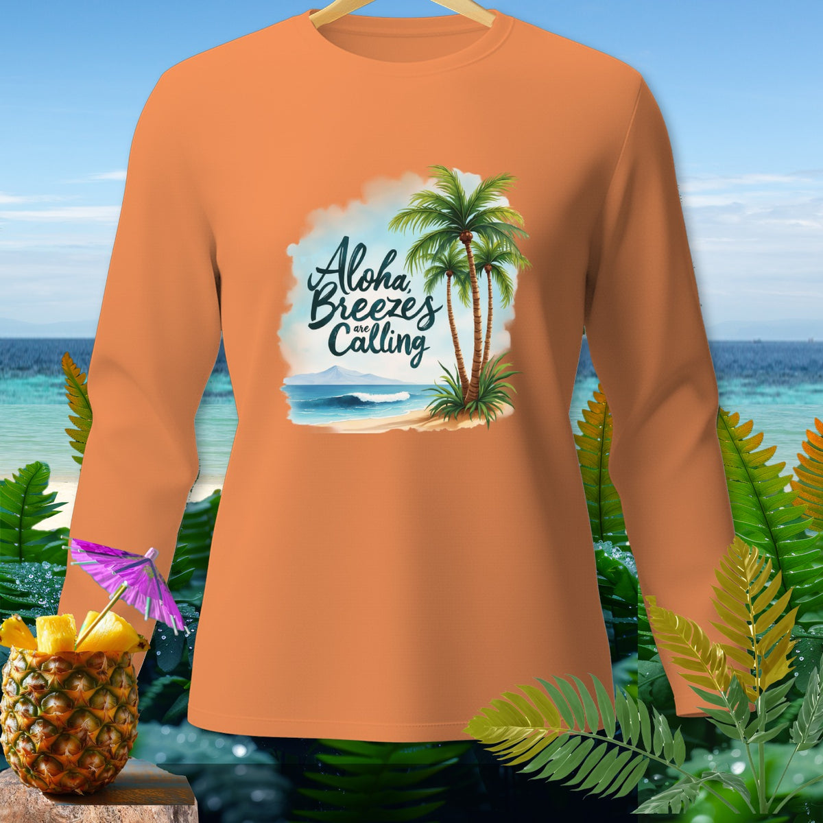 Orange long-sleeve shirt with "Aloha Breezes are Calling" beach graphic.