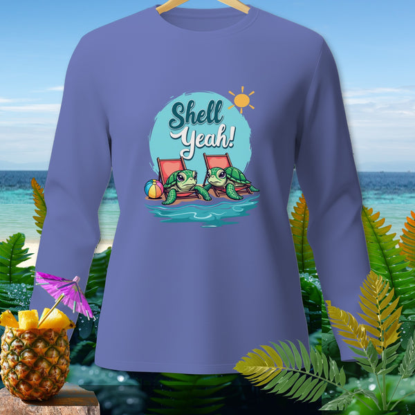 Long sleeve shirt with cartoon turtles saying "Shell Yeah!" on a beach.