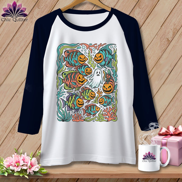 White raglan t-shirt with a Halloween fish and ghost graphic.