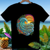 Black t-shirt with wave graphic, 