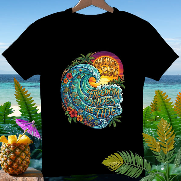 Black t-shirt with wave graphic, "America 250 Freedom Rides The Tide" text.
