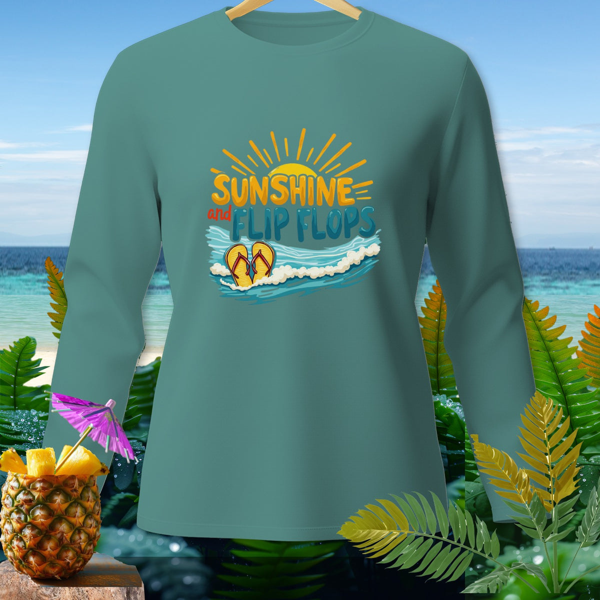 Teal long sleeve shirt with "Sunshine and Flip Flops" text and beach graphic.