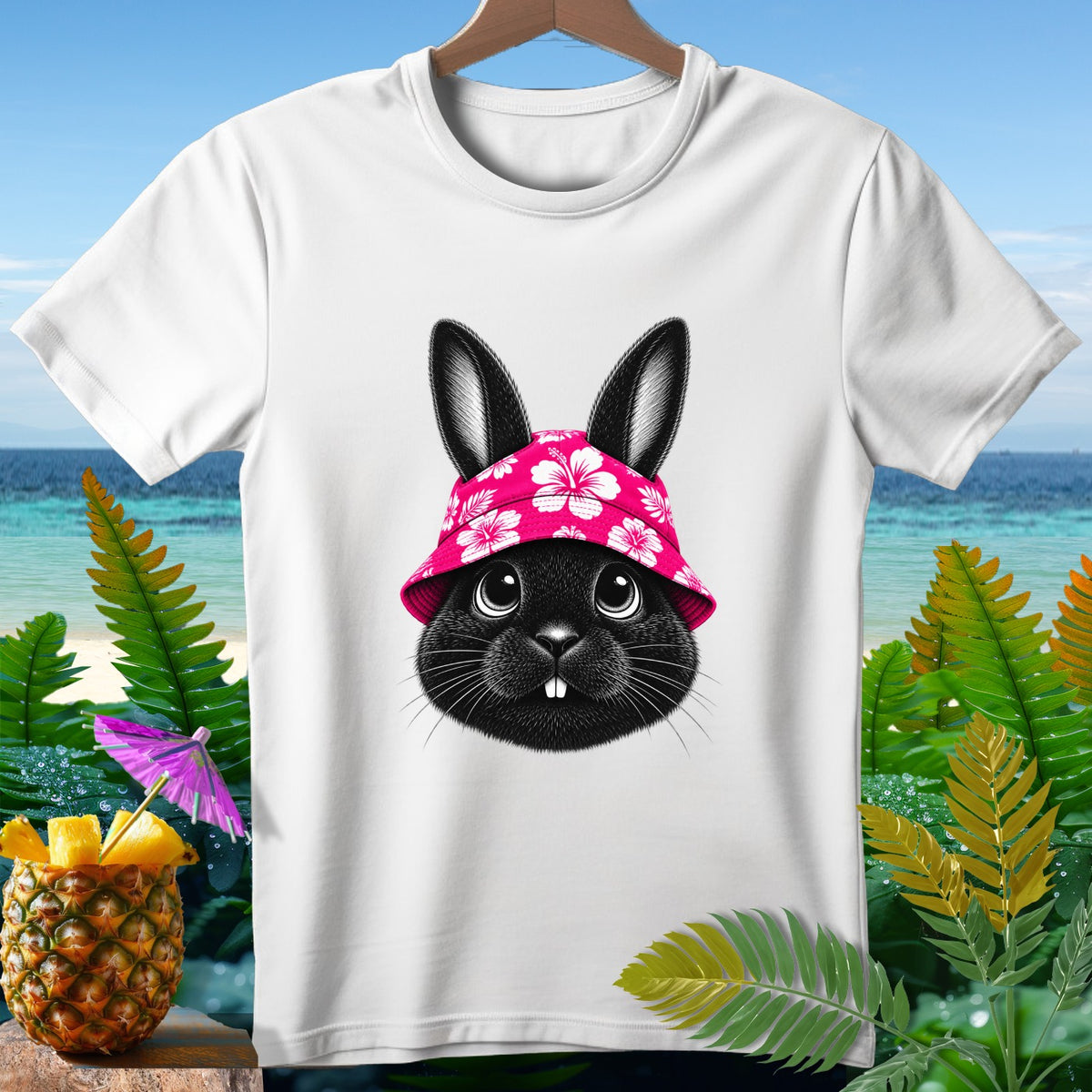 White t-shirt with a black bunny wearing a pink floral hat.