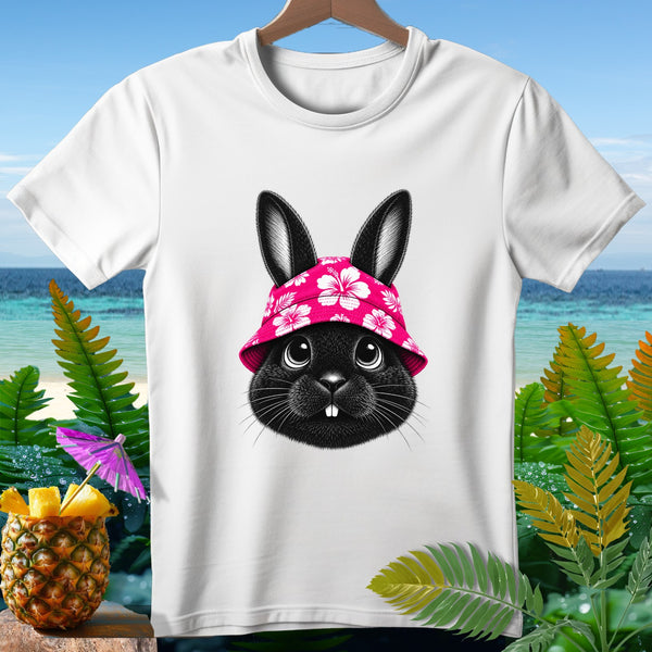 White t-shirt with a black bunny wearing a pink floral hat.