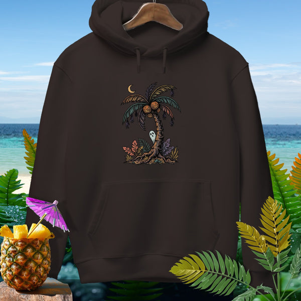 Brown hoodie with Halloween-themed palm tree graphic, crescent moon, bats, and ghosts.