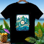 Black t-shirt featuring a tropical scene with mountains, waterfalls, and text "WANDER FAR LIVE ALOHA".