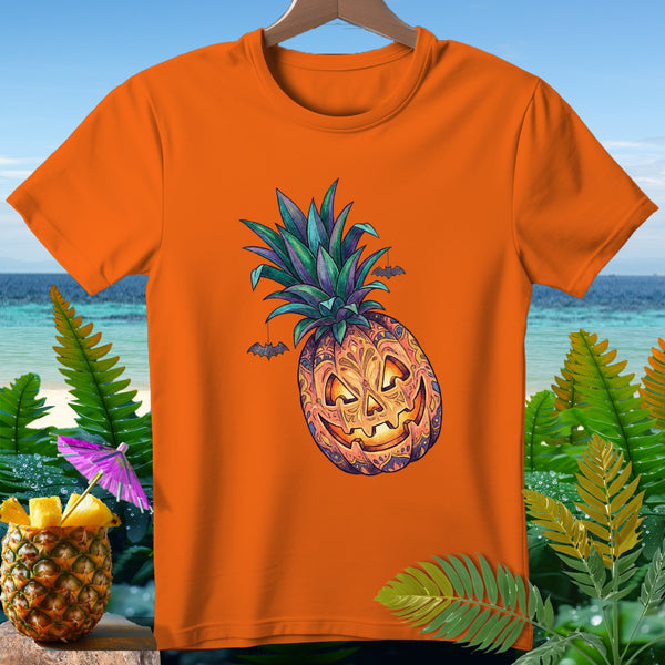 Orange t-shirt with jack-o'-lantern pineapple graphic and bats.
