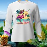 White long-sleeve shirt with a flamingo in a sombrero holding maracas, text 