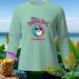 Mint long-sleeve shirt with cartoon beach ball graphic saying 